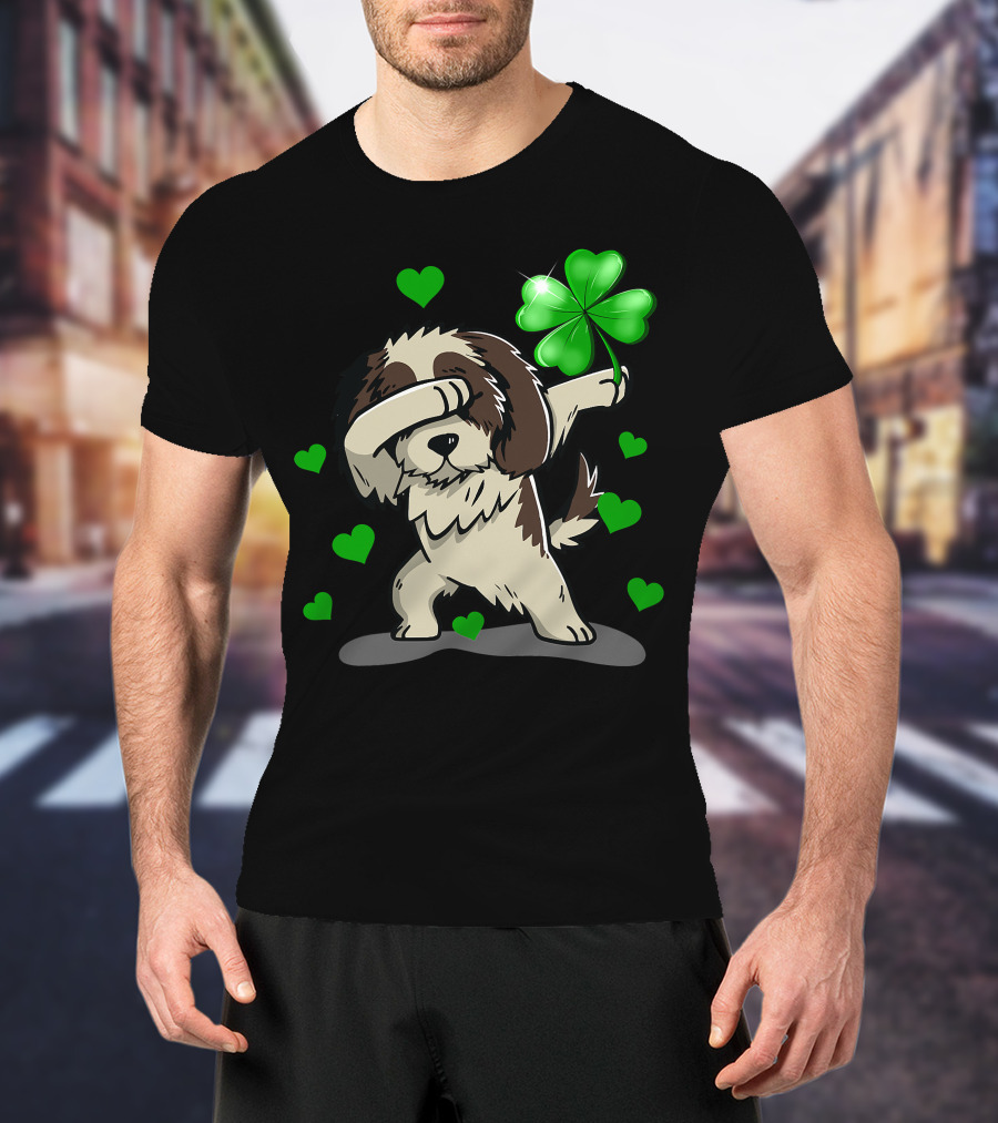 Shih Tzu Dabbing With Green Shamrock And Hearts T-Shirt