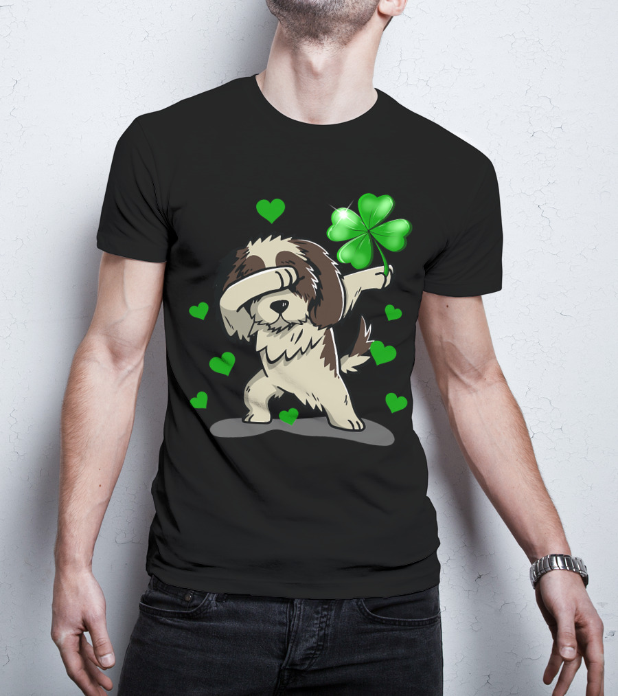 Shih Tzu Dabbing With Green Shamrock And Hearts T-Shirt
