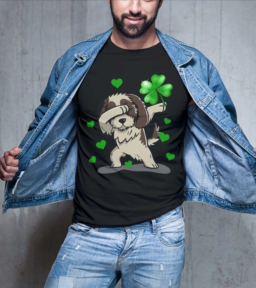 Shih Tzu Dabbing With Green Shamrock And Hearts T-Shirt