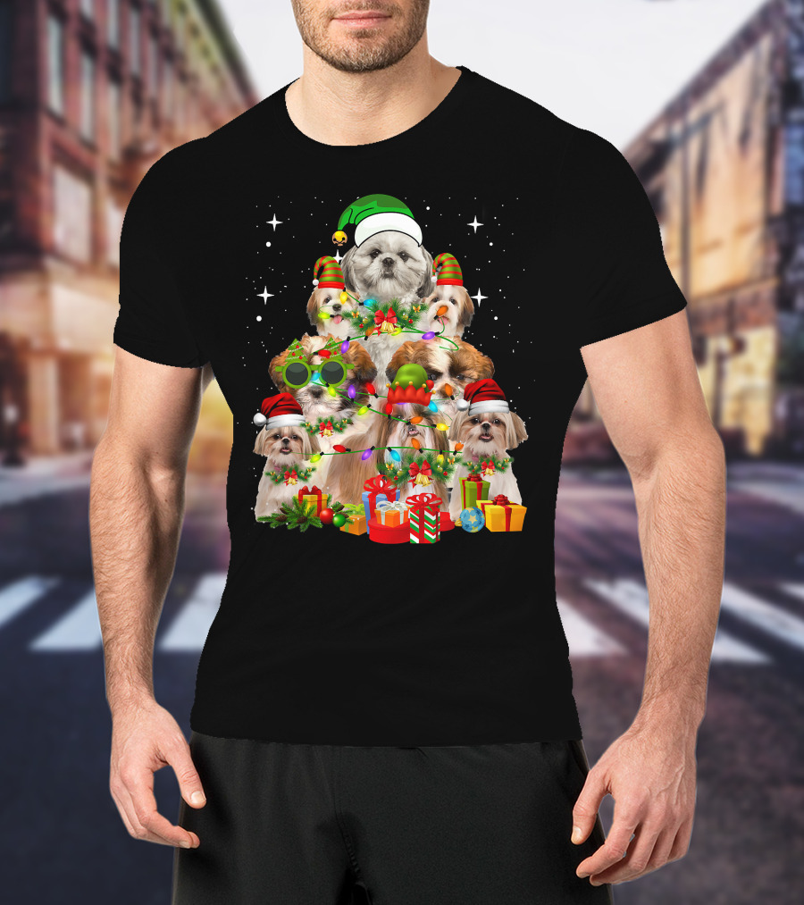Shih Tzu Dog Christmas Tree With Presents And Santa Hats T-Shirt
