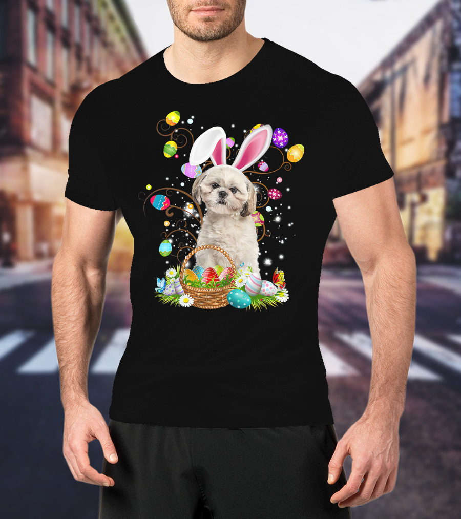 Shih Tzu Dog Bunny Ears With Colorful Easter Eggs Basket Fun Easter Day T-Shirt