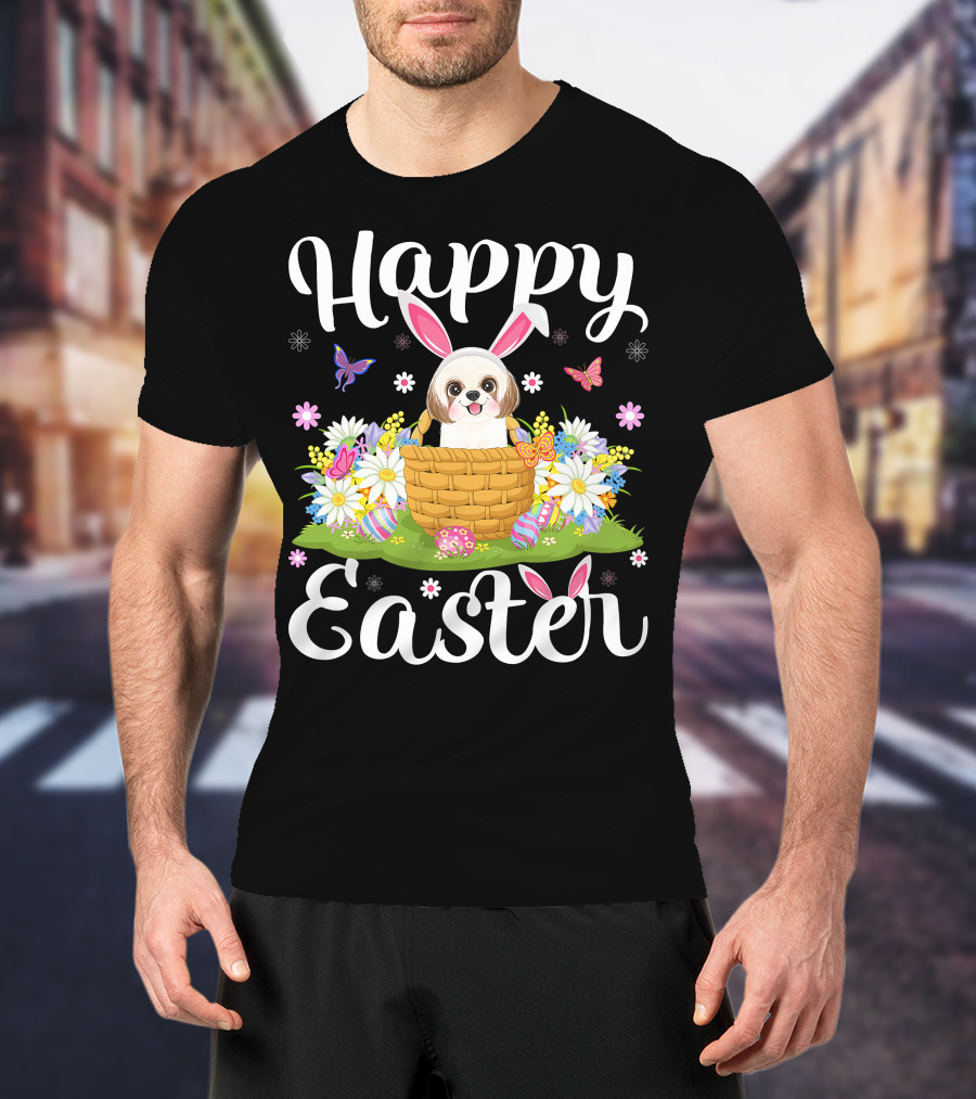 Shih Tzu Dog With Bunny Ears In Easter Egg Basket With Flowers And Butterflies T-Shirt