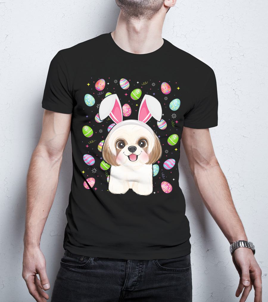 Shih Tzu Dog With Easter Eggs And Bunny Ears Funny Easter Lover Image T-Shirt