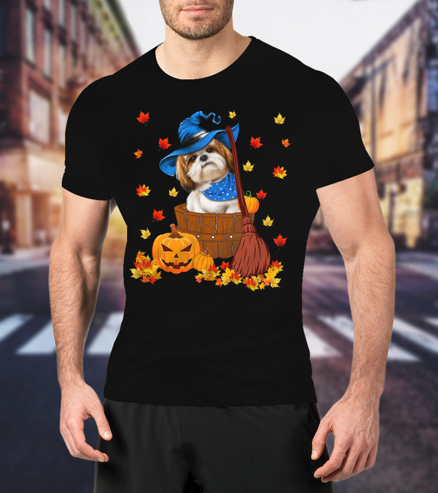 Shih Tzu Dog In Witch Hat Surrounded By Pumpkins And Leaves For Halloween T-Shirt