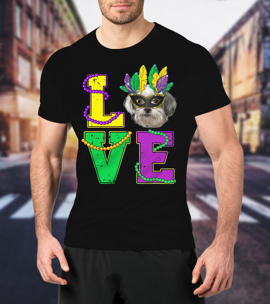 Shih Tzu Puppy Love Mardi Gras Beads Mask T-Shirt