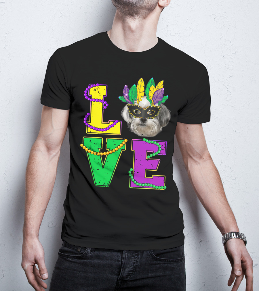 Shih Tzu Puppy Love Mardi Gras Beads Mask T-Shirt