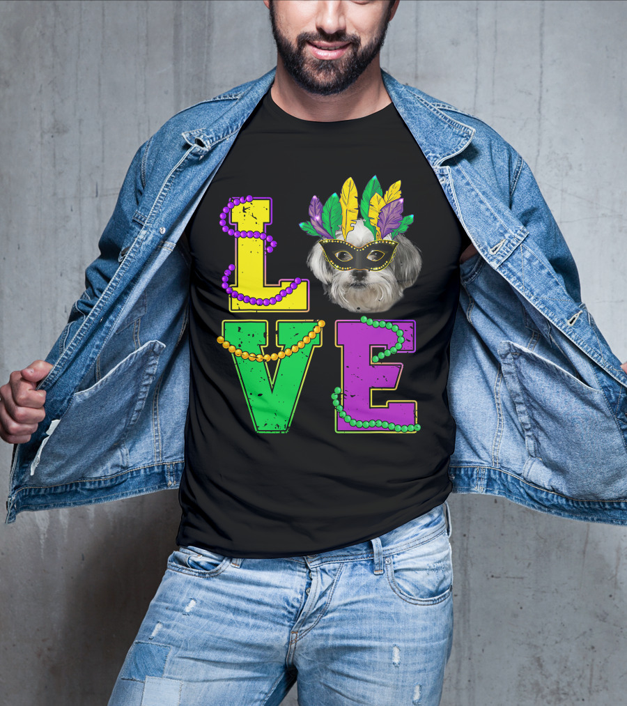 Shih Tzu Puppy Love Mardi Gras Beads Mask T-Shirt