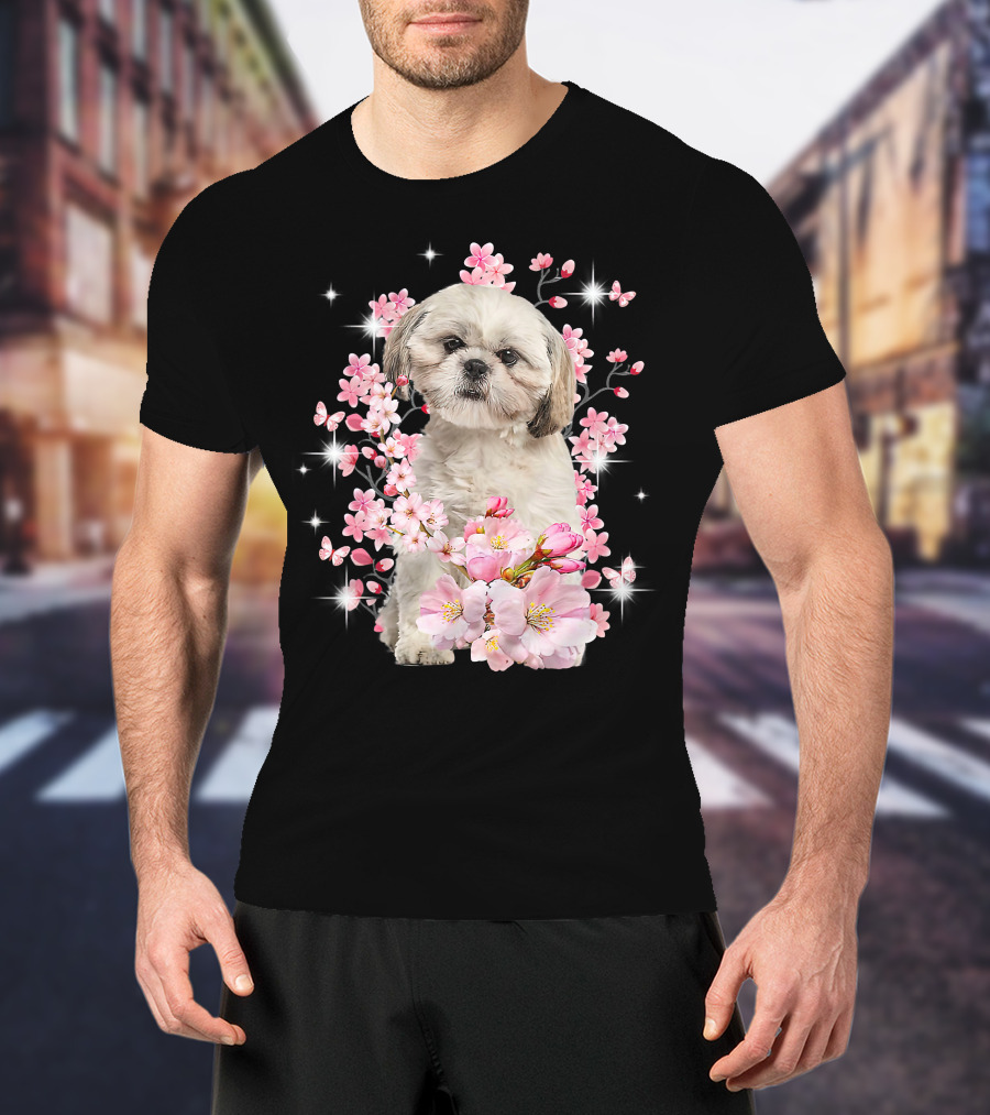 Shih Tzu Dog Sakura Japanese Cherry Blossom T-Shirt