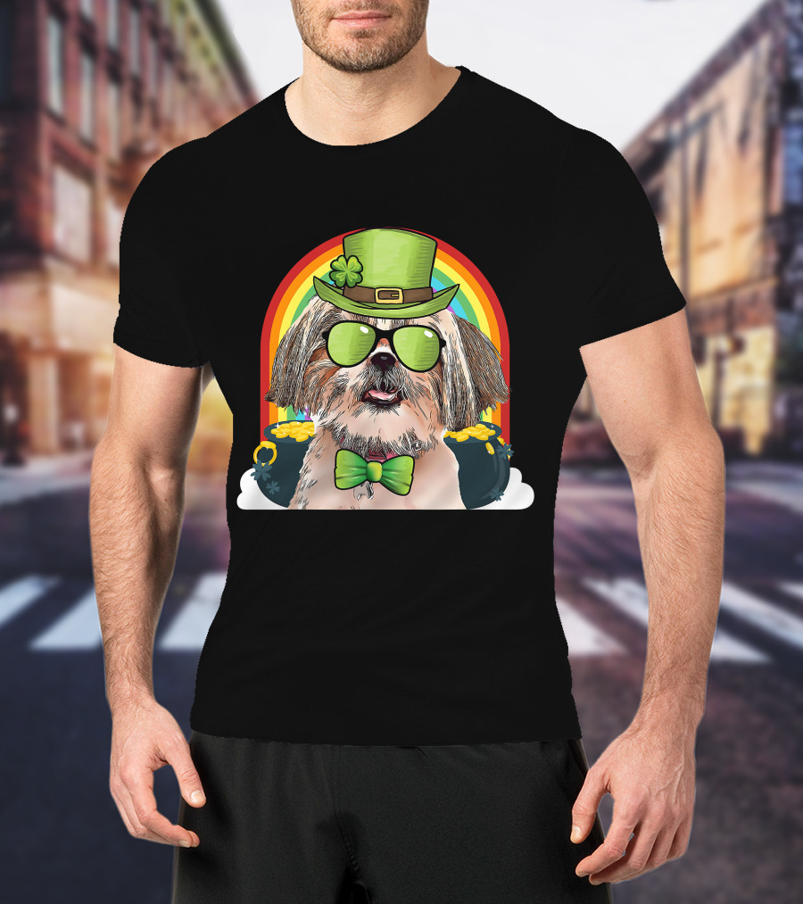 Shih Tzu Dog Leprechaun Rainbow Coins Bow Tie Sunglasses T-Shirt