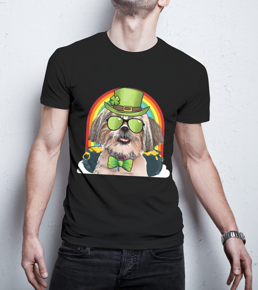 Shih Tzu Dog Leprechaun Rainbow Coins Bow Tie Sunglasses T-Shirt