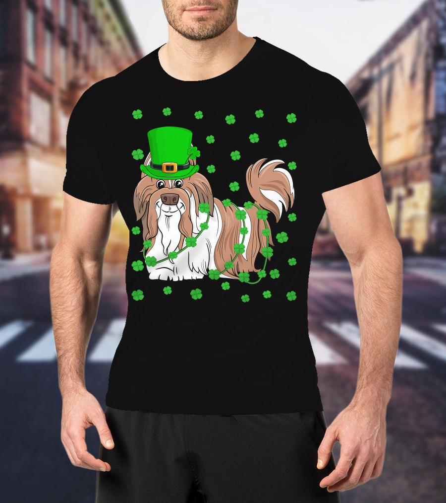 Shih Tzu Dog Lover St. Patrick's Day Leprechaun Hat And Clover T-Shirt