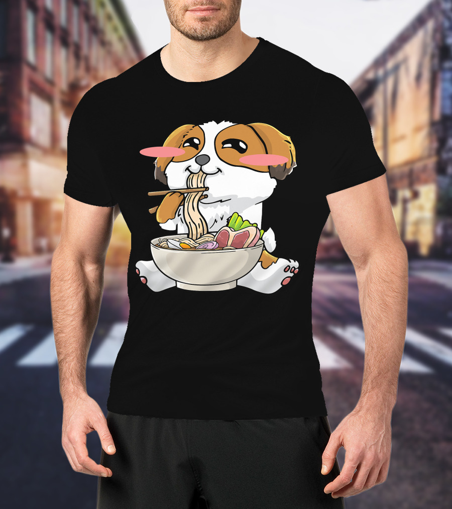 Shih Tzu Dog Enjoying Ramen Noodles With Kawaii Cute Blush Cheeks T-Shirt