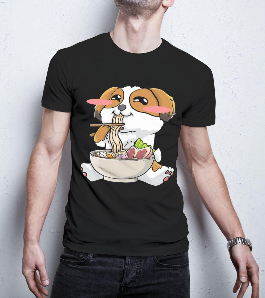 Shih Tzu Dog Enjoying Ramen Noodles With Kawaii Cute Blush Cheeks T-Shirt