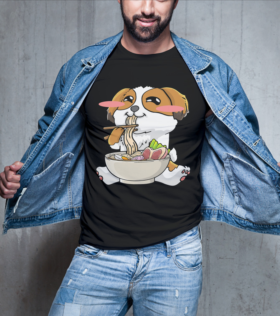Shih Tzu Dog Enjoying Ramen Noodles With Kawaii Cute Blush Cheeks T-Shirt