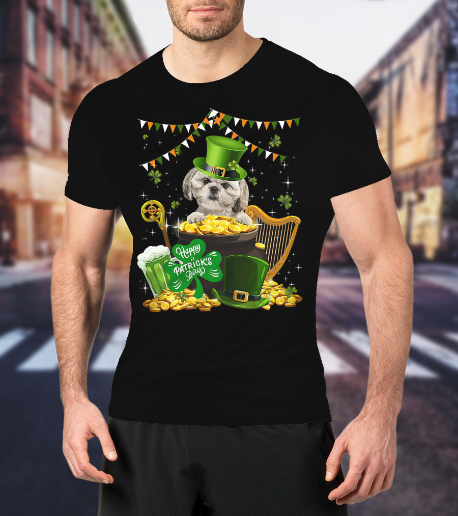 Happy St Patrick's Day Shih Tzu Dogs Lover Funny Irish Shamrock Hat T-Shirt