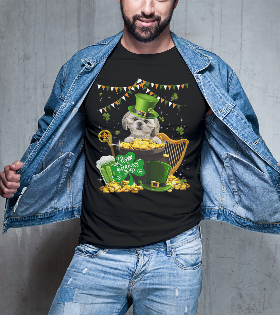 Happy St Patrick's Day Shih Tzu Dogs Lover Funny Irish Shamrock Hat T-Shirt
