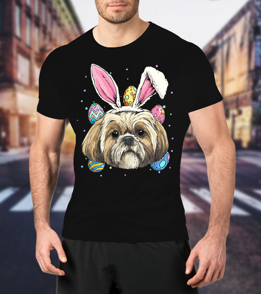 Shih Tzu Easter Bunny Dog Pet Owner Breeder Animal With Colorful Eggs T-Shirt