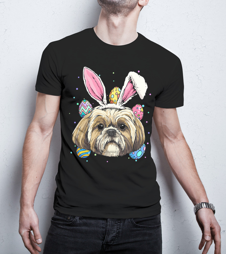 Shih Tzu Easter Bunny Dog Pet Owner Breeder Animal With Colorful Eggs T-Shirt