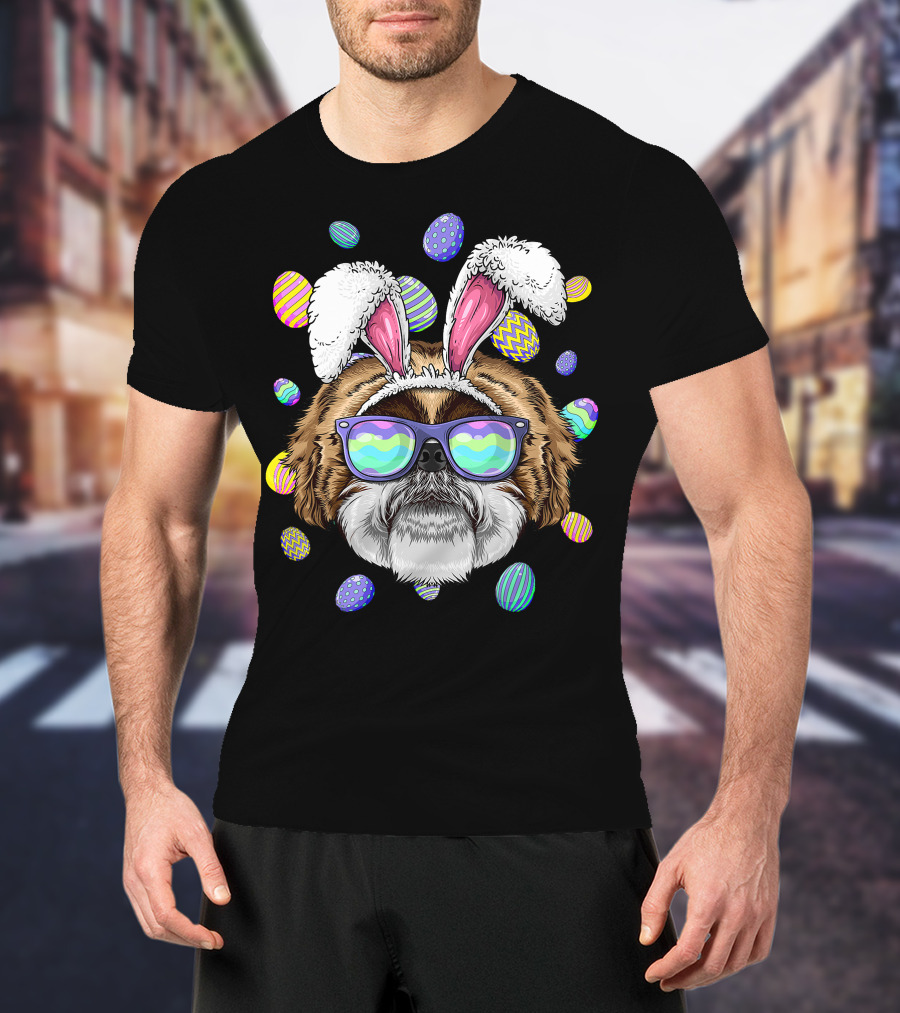 Shih Tzu With Bunny Ears And Sunglasses Surrounded By Colorful Easter Eggs T-Shirt