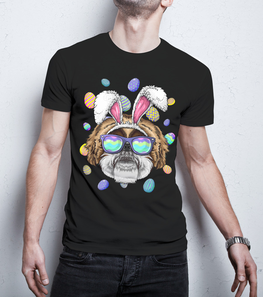 Shih Tzu With Bunny Ears And Sunglasses Surrounded By Colorful Easter Eggs T-Shirt