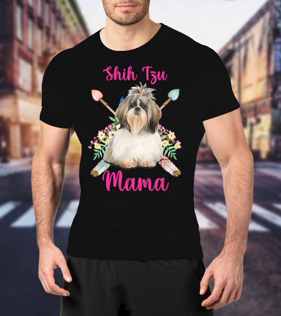 Shih Tzu Mama Cute Mama Dog Lover With Floral And Arrow Accents T-Shirt