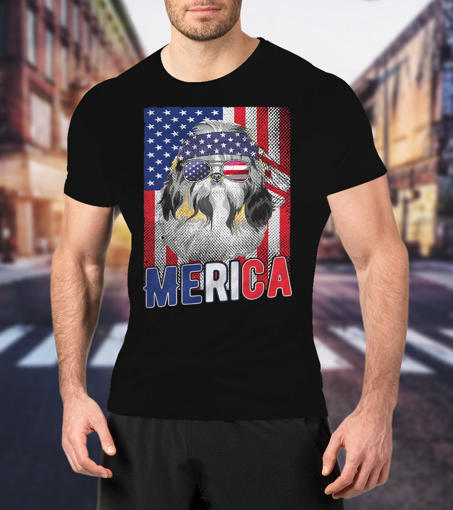 Shih Tzu Merica USA American Flag Patriotic Boys 4 Glasses Headband Stars Stripes T-Shirt