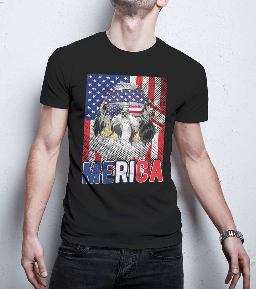 Shih Tzu Merica USA American Flag Patriotic Boys 4 Glasses Headband Stars Stripes T-Shirt