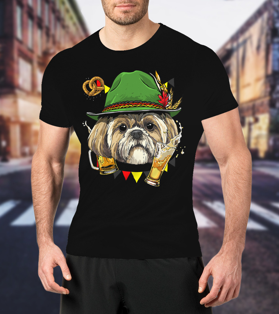 Shih Tzu Oktoberfest Dog With Lederhosen Hat And Beer German Pretzel T-Shirt