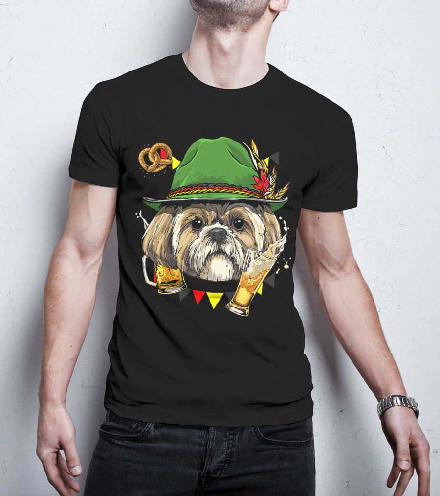 Shih Tzu Oktoberfest Dog With Lederhosen Hat And Beer German Pretzel T-Shirt