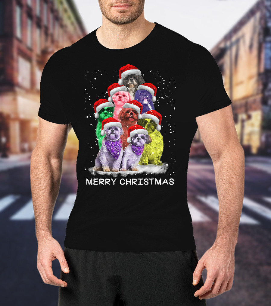 Merry Christmas Shih Tzu Ornament Decoration Santa Hat Xmas Tree Dog T-Shirt