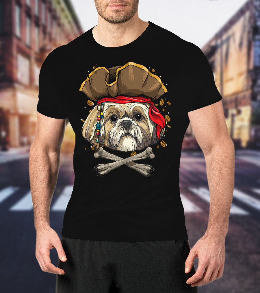 Shih Tzu Pirate Dog Jolly Roger Halloween With Skull And Crossbones T-Shirt