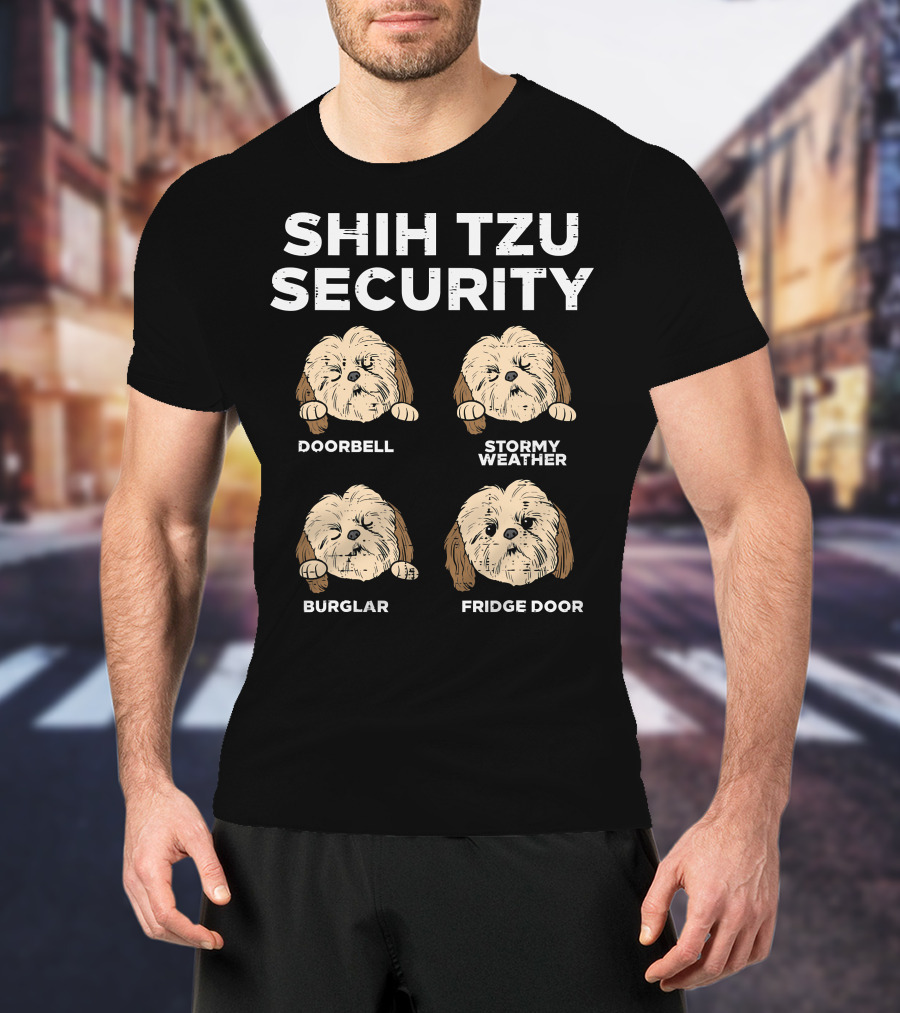 Shih Tzu Security Doorbell Stormy Weather Burglar Fridge Door Funny Dog Lover Owner T-Shirt