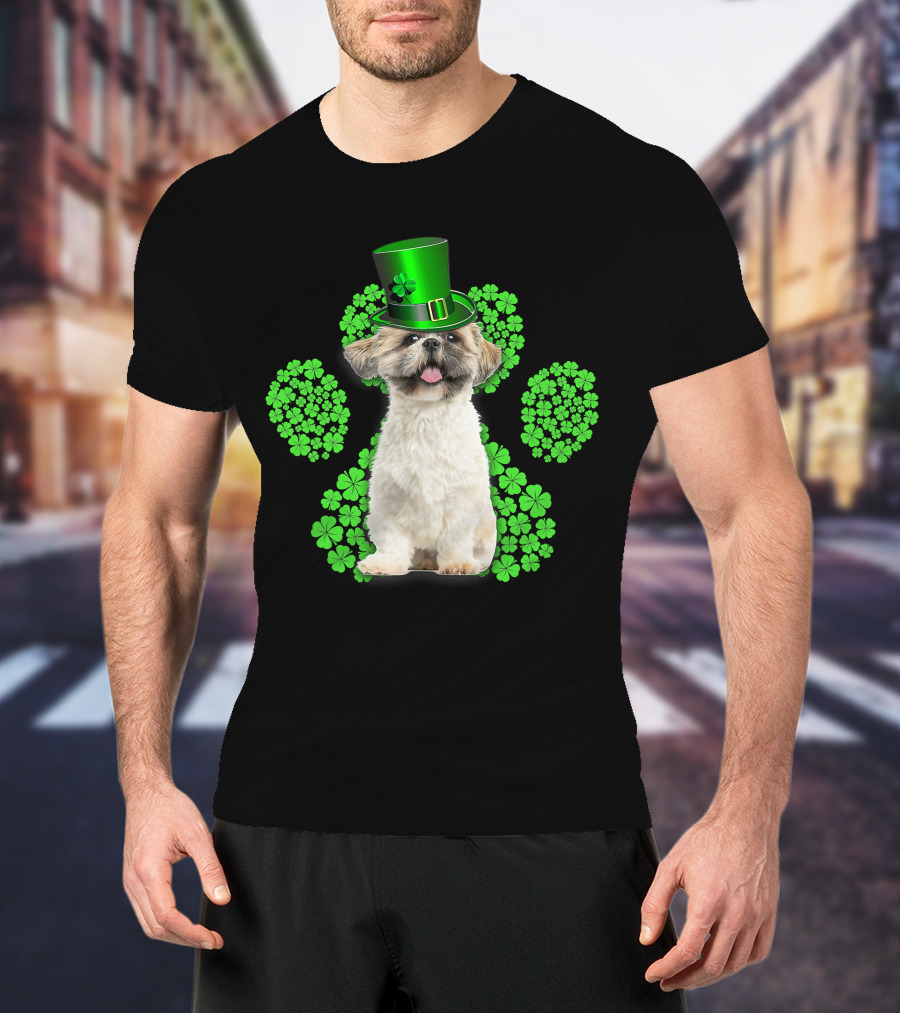 Shih Tzu With Shamrock Paw Prints And Green Hat For St Patrick's Day T-Shirt