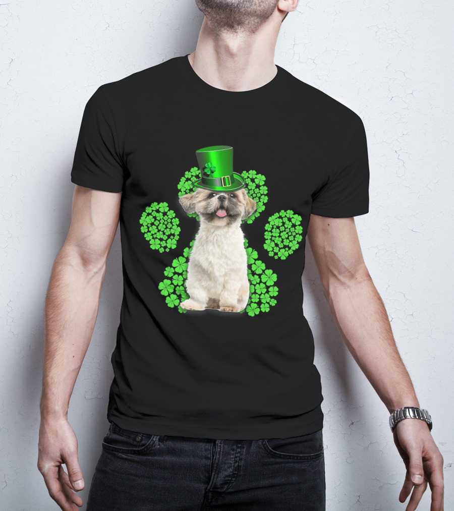 Shih Tzu With Shamrock Paw Prints And Green Hat For St Patrick's Day T-Shirt