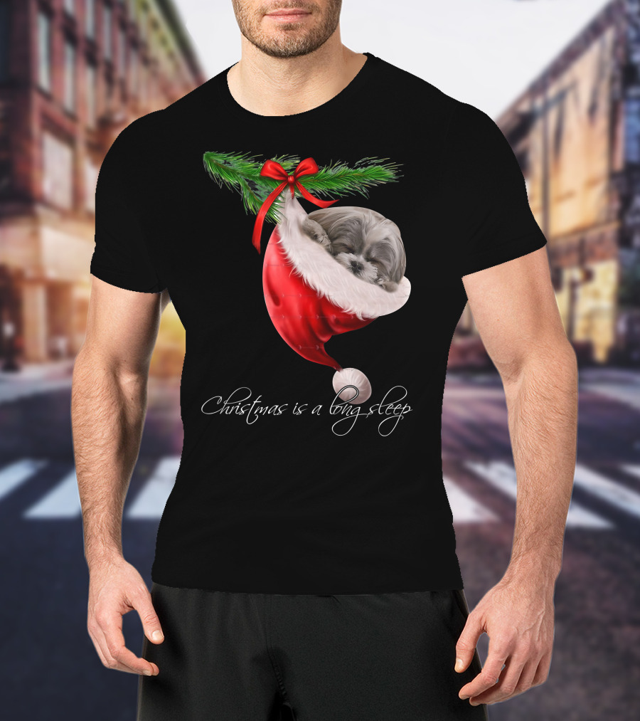 Shih Tzu Sleeping In Santa's Hat Christmas Is A Snuggly Dream T-Shirt