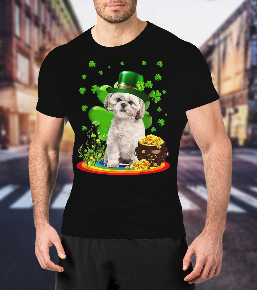 Shih Tzu Irish Shamrock St Patricks Day Lover With Pot Of Gold T-Shirt
