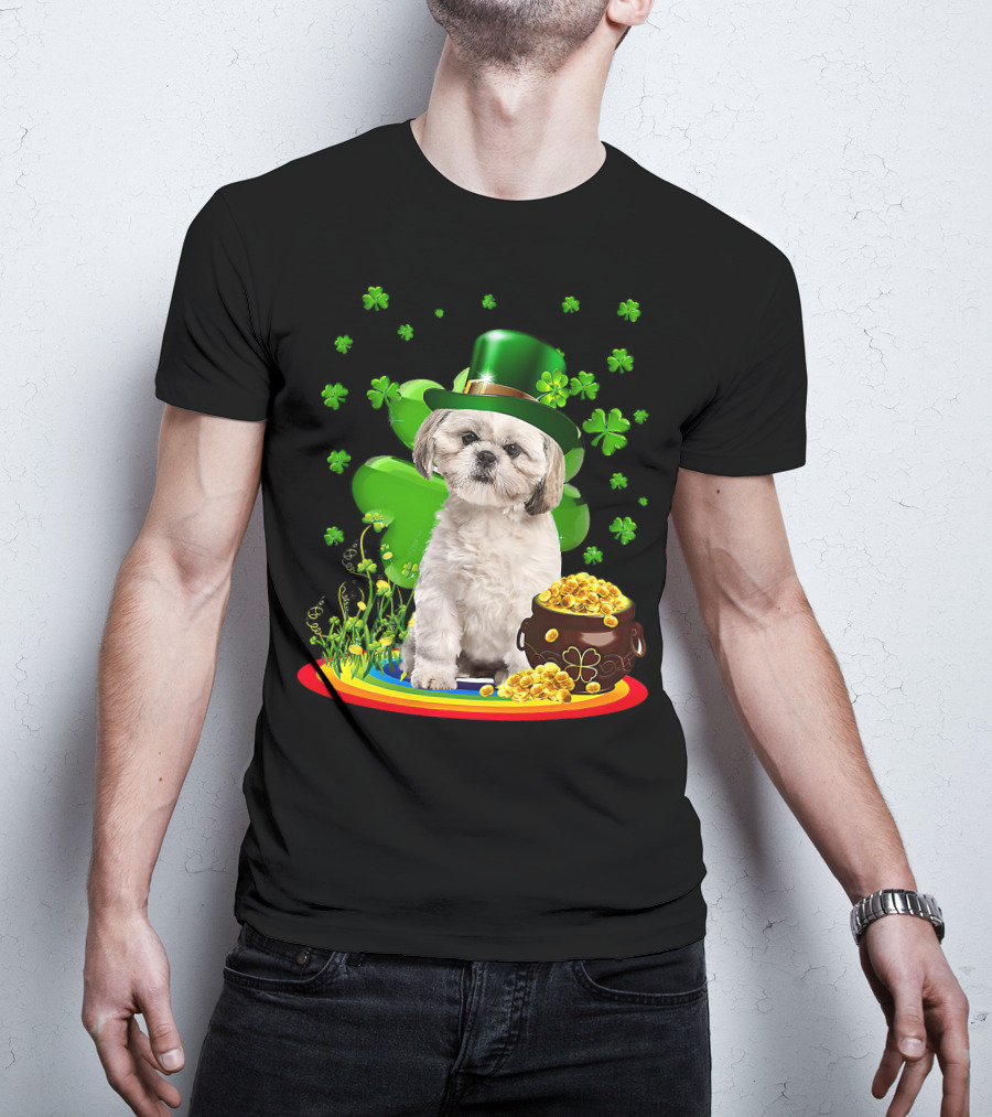 Shih Tzu Irish Shamrock St Patricks Day Lover With Pot Of Gold T-Shirt