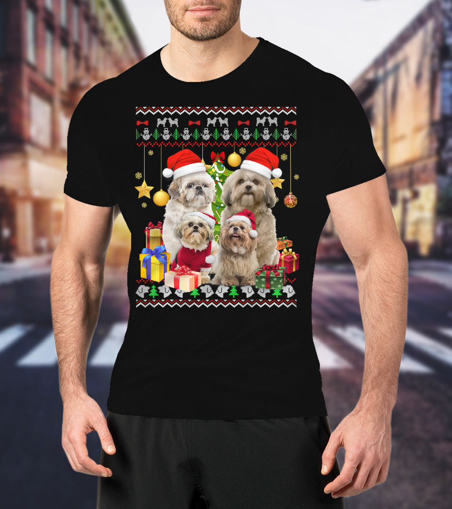 Shih Tzu Santa Hat Christmas Sweater Puppies And Presents T-Shirt