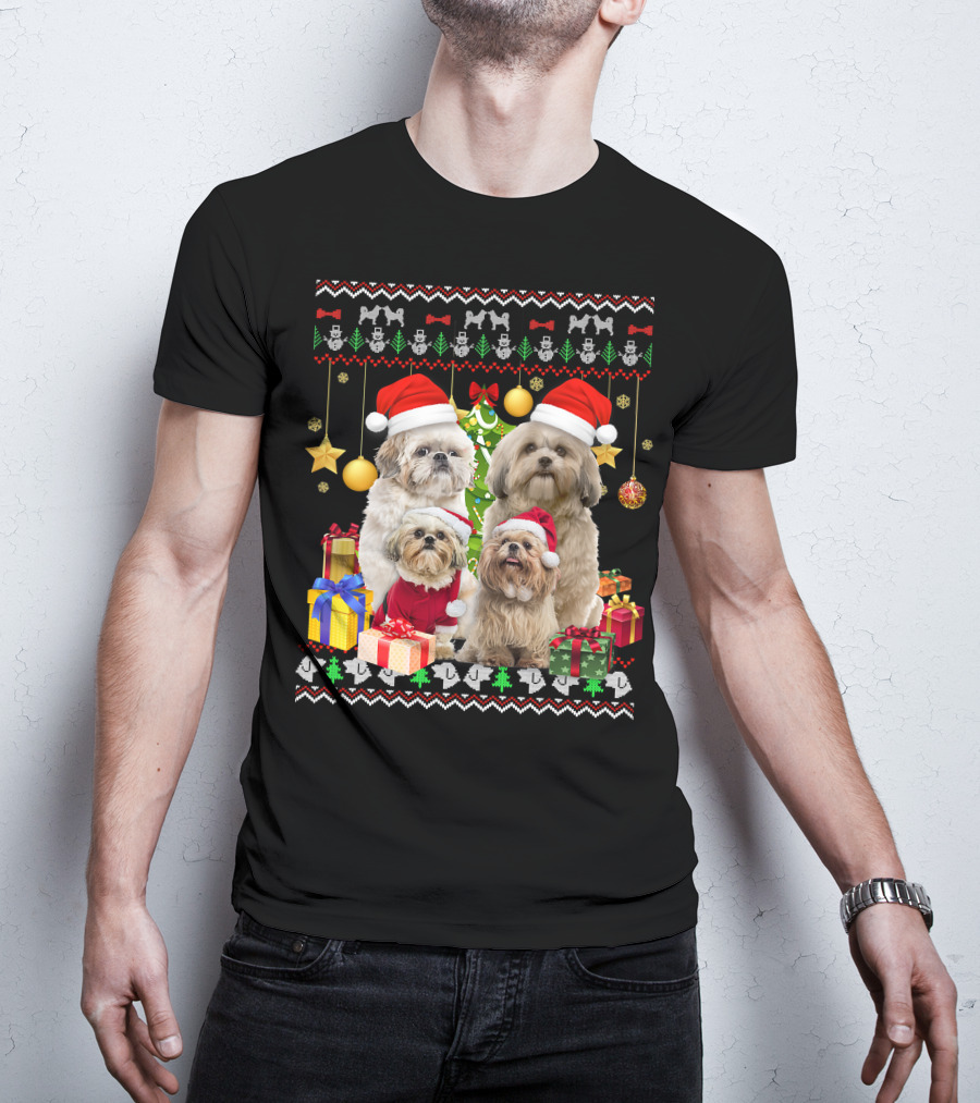 Shih Tzu Santa Hat Christmas Sweater Puppies And Presents T-Shirt