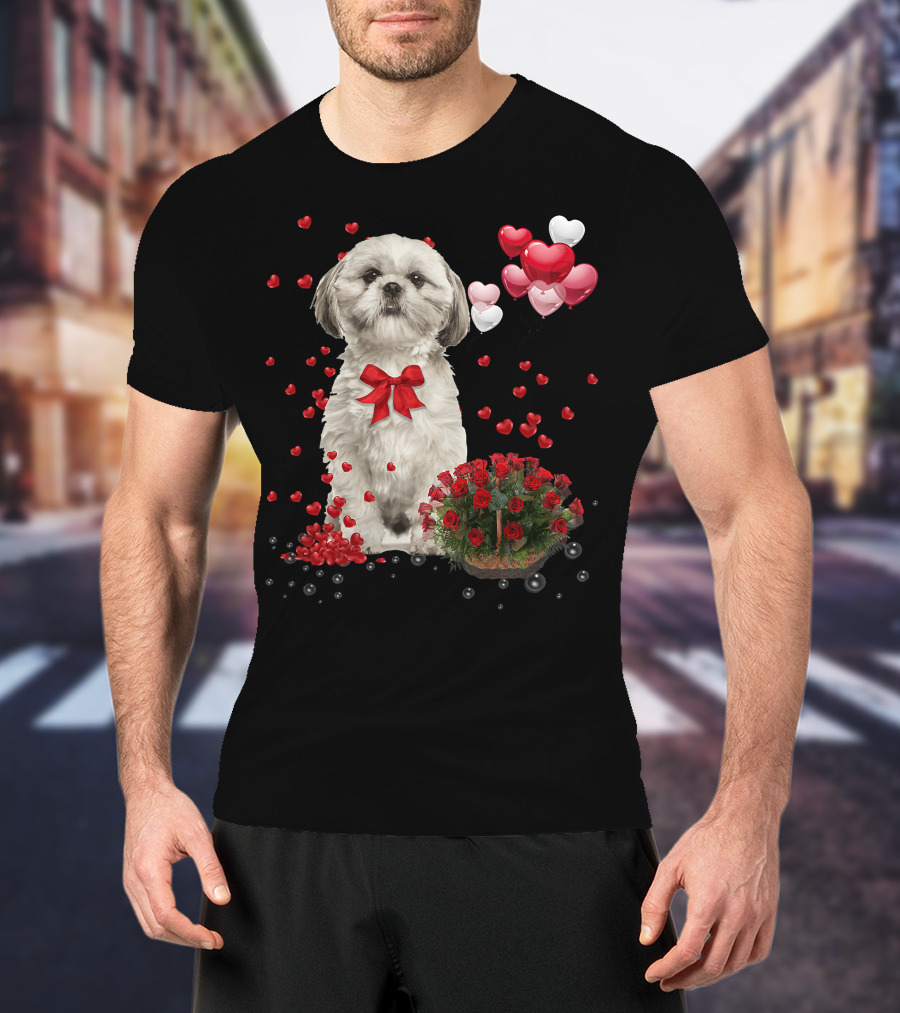 Shih Tzu Valentines Day Funny Dog Lover Happy Vale Roses Hearts Balloons T-Shirt