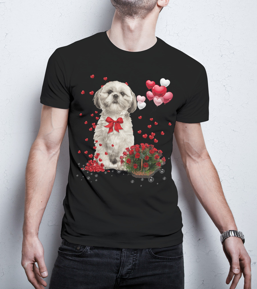Shih Tzu Valentines Day Funny Dog Lover Happy Vale Roses Hearts Balloons T-Shirt