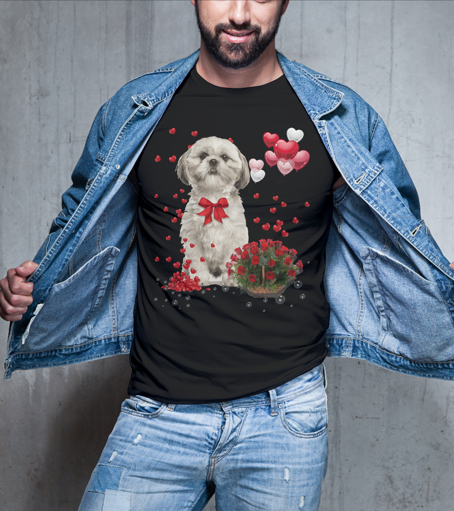 Shih Tzu Valentines Day Funny Dog Lover Happy Vale Roses Hearts Balloons T-Shirt