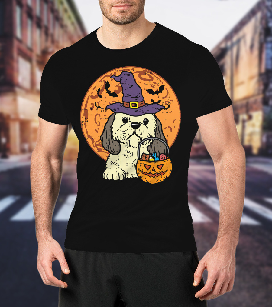 Shih Tzu Witch Hat Moon Jack O Lantern Halloween Dog T-Shirt