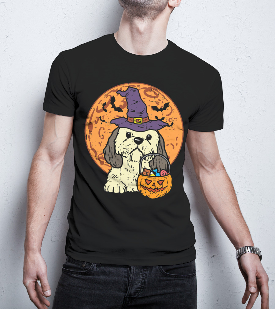 Shih Tzu Witch Hat Moon Jack O Lantern Halloween Dog T-Shirt