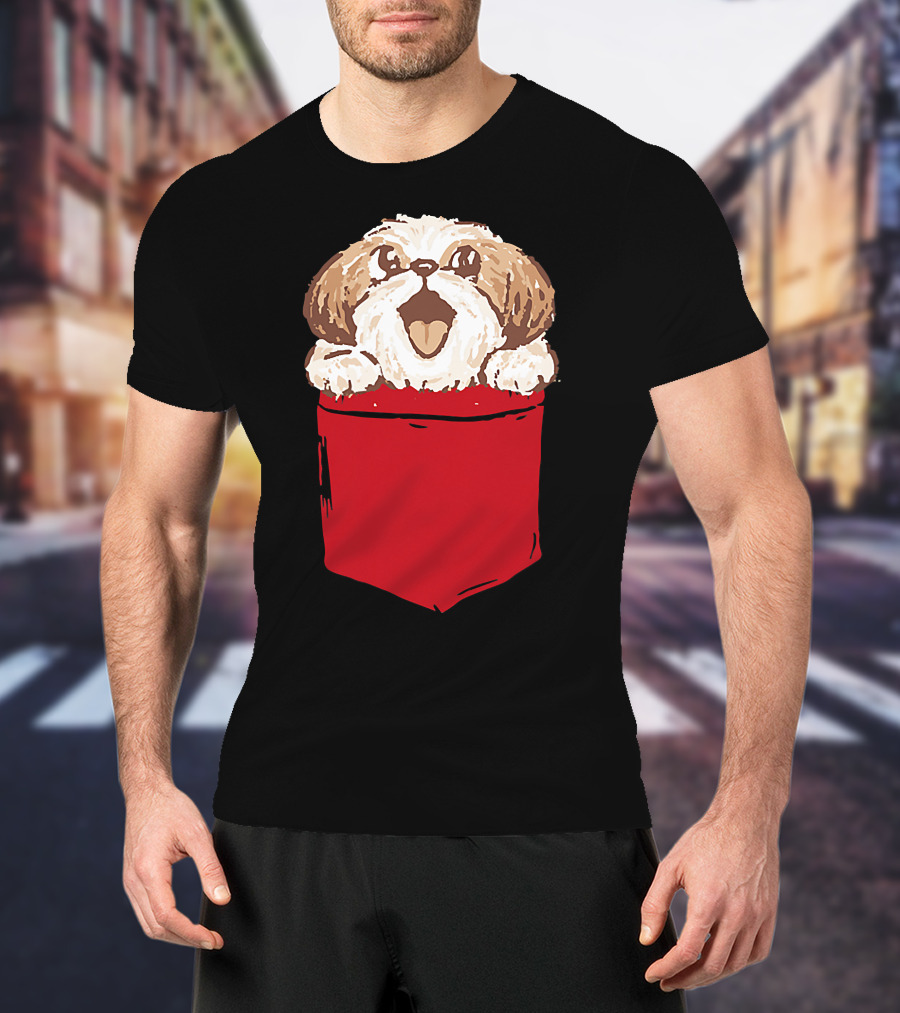 Shih-Tzu Puppy Dog Peeking Out Of Red Pocket T-Shirt