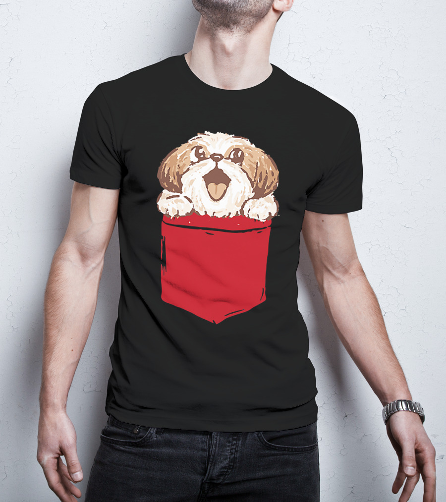 Shih-Tzu Puppy Dog Peeking Out Of Red Pocket T-Shirt