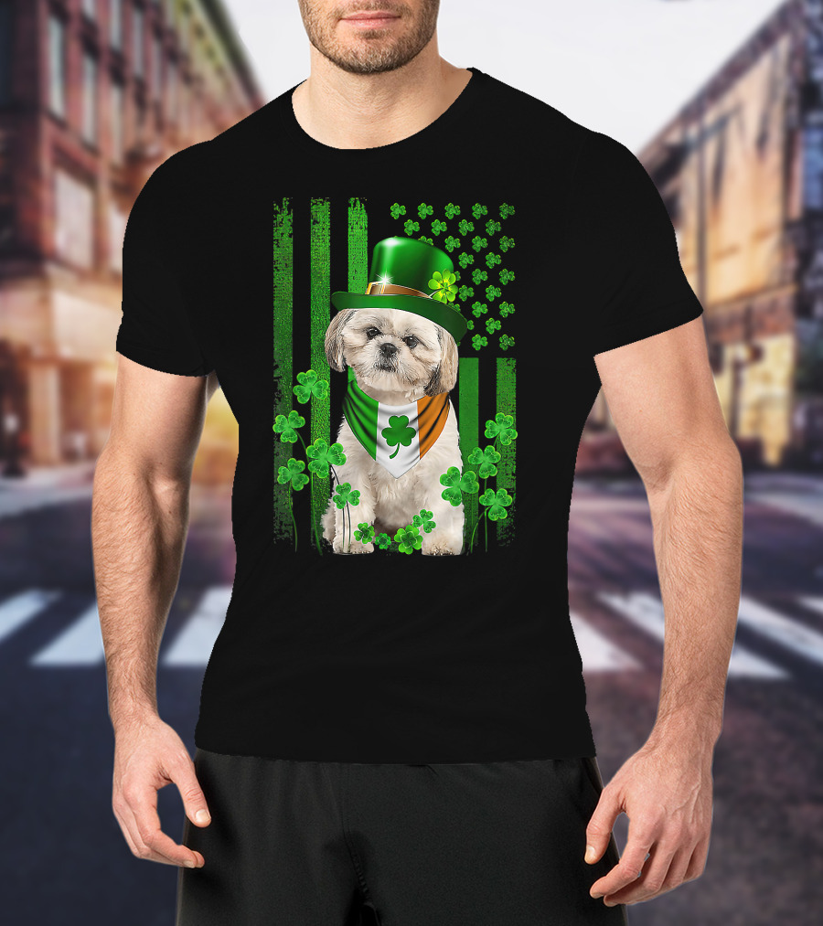 St Patrick's Day Shamrock Hat Shih Tzu With Irish Flag Scarf T-Shirt