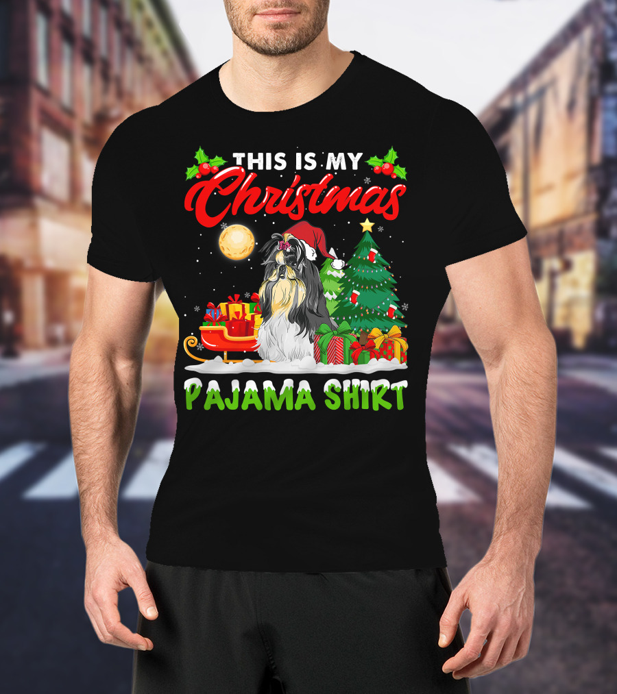Christmas Pajama Shih Tzu Dog With Santa Hat And Presents T-Shirt