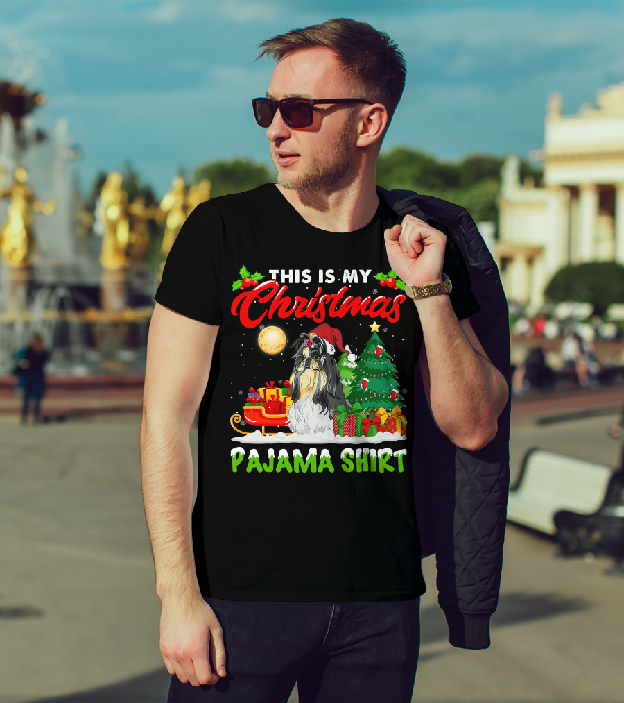 Christmas Pajama Shih Tzu Dog With Santa Hat And Presents T-Shirt