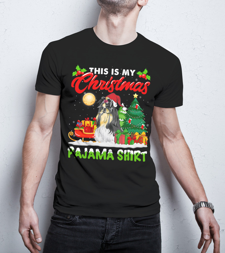 Christmas Pajama Shih Tzu Dog With Santa Hat And Presents T-Shirt
